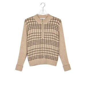 Talk of the Walk Atlantic City Vintage Warm Tan Brown Grid Print 1/4 Zip Sweater